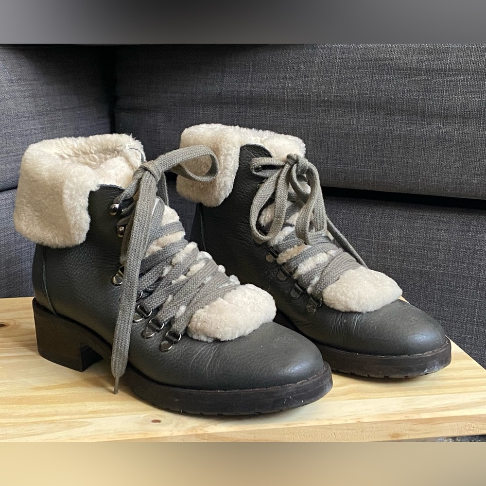 Grey Lace-Up Leather Hiking Boots with Fur